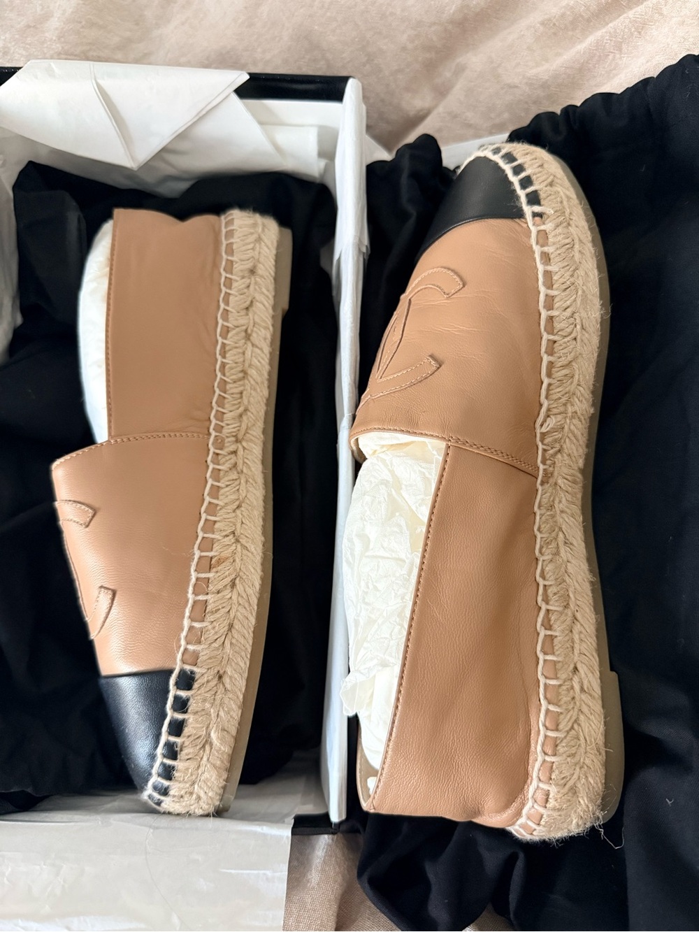 CHANEL Two-Tone Leather Espadrilles in Tan and Black - Picture 6 of 8